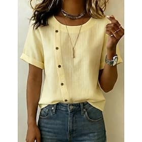 Women's T Shirt Tee Buttons Elegant Stylish Classic Short Sleeve Crew Neck Regular Tops Casual White Yellow Pink Summer Spring