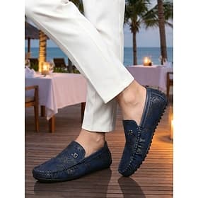 Mocassini da uomo blu navy ricamati, scarpe casual slip-on da guida, calzature morbide, leggere e comode per serate in resort, cene in riva al mare, viaggi, no