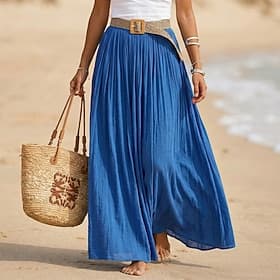 Femmes Jupe de vacances Jupe en faux coton et lin Mode Occasionnel Longue Été Maxi Taille haute Jupes Uni Froncé Fluide Élastique Quotidien Plage Bleu Vert pom