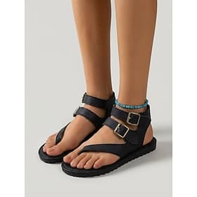 Women's Buckle Gladiator Sandals – Double Strap Adjustable Flat Sandals, Casual Comfort Shoes for Outdoor Walking, Resort Travel  Summer Vacation