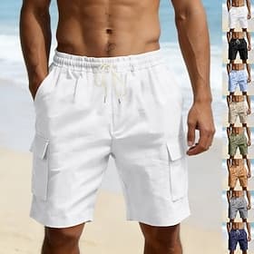 Men's Cotton Linen Shorts Shorts Summer Shorts Beach Shorts Drawstring Pocket Elastic Waist Plain Comfort Breathable Knee Length Outdoor Beach Vacation Vacatio