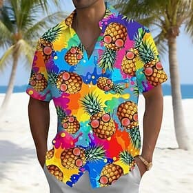 Men's Cartoon Fruit Pineapple Summer Hawaiian Shirt Button Up Shirt Aloha Shirt Short Sleeve Hawaiian Funny Vacation Summer Spring Turndown 3D Print Collared S