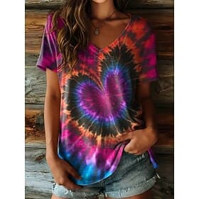 Women's T Shirt Print Graphic Gradient Abstract Elegant Vintage Stylish Short Sleeve V Neck Regular Tops Daily White / Green Yellow Fuchsia Summer Spring
