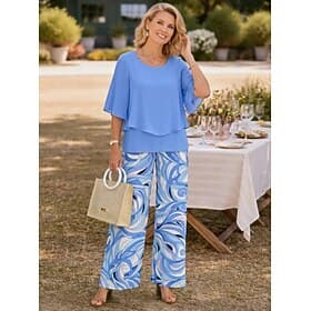 Women's Pants Sets Half Sleeve Butterfly Sleeve Round Neck Floral Graphic Elegant Vacation Daily Vacation Wedding Guest Blue Pink Purple Spring  Summer Regular