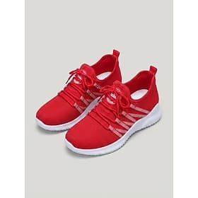 Women's Red Breathable Knit Sneakers – Lightweight Lace-Up Design Walking Shoes, Comfortable Casual Athletic Shoes for Walking, Travel Daily Wear