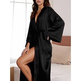 Women's Loungewear Robe Nightgown Fashion Casual Pure Color Satin Silky Pajamas Pyjamas Patchwork Dress Home Vacation Long Sleeve V Neck Black White Pink Red B