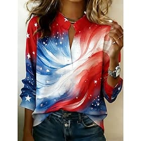 American Independence Day Women's Shirt Graphic Flag Vintage Stylish Long Sleeve Notched Neck Regular Tops Casual Daily Holiday Blue White Red Beige Summer Spr