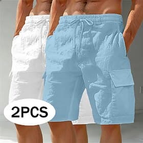 Men's Shorts Linen Shorts Summer Shorts Beach Shorts Casual Shorts Drawstring Elastic Waist Multi Pocket Plain Comfort Breathable Knee Length Casual Outdoor Be