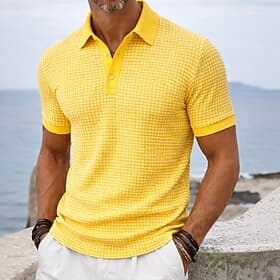 Men's Textured Waffle Knit Polo Shirt Casual Vacation Turndown Short Sleeve Vacation Leisure Textured Buttons Breathable Summer White Yellow Brown Green Gray T