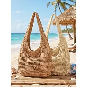 Women's Bohemian Woven Tote Bag, Large Capacity with Zipper, Lightweight Braided Straw Shoulder Bag in Off-White  Khaki, Perfect for Beach Vacation  Casual Eve
