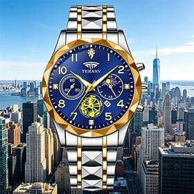 Men's Luxury Watch - Two-Tone Gold Stainless Steel Business Wristwatch with Moon Phase  Date, Blue Dial Waterproof Analog Quartz Watch, Fashion Gift for Men, H