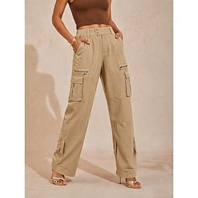 Women's Cargo Pants Tactical Cargo 100% Cotton Pants Trousers Vacation Chic  Modern Basic Full Length High Waist Plain Pocket Baggy Comfort Inelastic Daily Spo