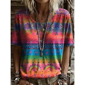 Damen T Shirt Druck Blumen Grafik Geometrisch Vintage Stilvoll Lässig Kurzarm Rundhalsausschnitt Normale Oberteile Lässig Täglich Wochenende Schwarz Rosa Staub