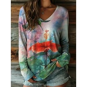 Damen T Shirt Druck Blumen Grafik Stilvoll Lässig Langarm V Ausschnitt Normale Oberteile Täglich Grün Sommer Frühling Herbst