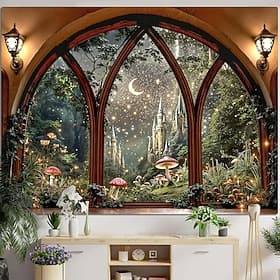 3D Window View Wall Tapestry Magic Forest Glowing Mushroom Castle Starry Night Wall Hanging Large Fabric Poster for Living Room Bedroom Dorm Mystic Fantasy Hom