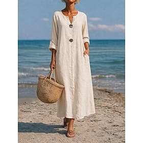 Robe midi en coton et lin pour femme, coupe droite, décontractée, manches longues, col en V, bleu, blanc, rose, vert, été, printemps, automne.