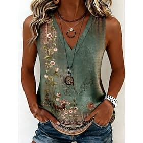 Women's Tank Top Print Floral Graphic Plants Stylish Sleeveless V Neck Regular Tops Casual Blue Light Green Pink Light Purple Purple Summer Spring