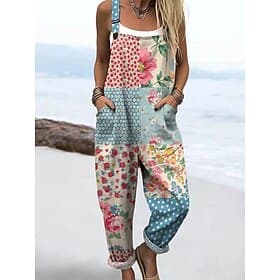 Women's Overall Active Floral Sleeveless Sleeveless Straight Square Neck Patchwork Pocket Daily Beach Loose Fit Pink Orange Green Summer