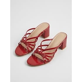 Women's Glossy Red Block Heel Sandals - Modern Strappy Slide Sandals with Knotted Detail for Luxury Hotel Resorts, Poolside Parties  Summer Evening Wear