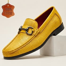 Men's Yellow Leather Loafers with Metal Buckle, Premium Cowhide, Elegant Casual Dress Shoes for Men, Ideal for Office, Social Events and Leisure Wear