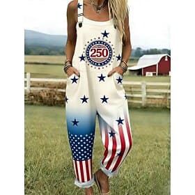 American Independence Day Women's Overall Active Graphic Sleeveless Sleeveless Straight Square Neck Patchwork Pocket Daily Beach Loose Fit Blue Red Summer