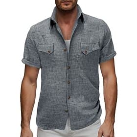 Men's Shirt Linen Shirt Summer Shirt Beach Shirt Button Up Shirt Plain Casual Vacation Navy Blue Blue Apricot Gray Short Sleeve Turndown Summer Spring Clothing