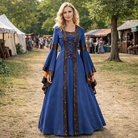 Vintage Medieval Renaissance Floor Length Dress Long Sleeves Witch Square Neck Fancy Dress Women's Fantasy Halloween Carnival Renaissance Fair LARP Adults Dres