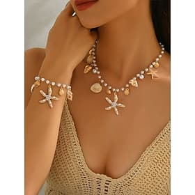 Women's Bohemian Style Alloy  Shell Necklace and Bracelet Set, Multi-Piece Jewelry for Beach Vacations, Casual Daily Wear, Summer Accessories