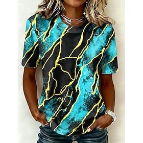 Damen T Shirt Druck Grafik Marmor Vintage Stilvoll Lässig Kurzarm Rundhalsausschnitt Rundhals Normale Oberteile Lässig Täglich Blau Rote Purpur Grün Sommer Frü