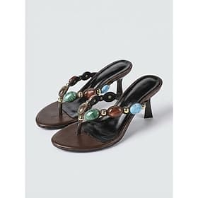 Women's Luxury Brown Heel Sandals - Bohemian Thong Slides with Colorful Resin Gemstones  Gold Studs for Evening Resort Wear, Island Dinners  Summer Galas