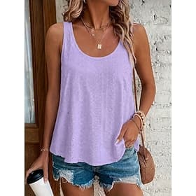 Women's Tank Top Eyelet Plain Fashion Stylish Classic Sleeveless U Neck Regular Tops Daily Going out Weekend Blue White Yellow Pink Dark Green Summer Spring