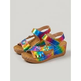 Sandalias de cuña informales y coloridas para mujer: zapatos de verano adornados con flores, sandalias de punta abierta con velcro ajustable para fiestas en el