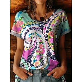 Women's T Shirt Print Floral Graphic Vintage Stylish Casual Short Sleeve Crew Neck Round Neck Regular Tops Casual Daily Purple Green Summer Spring