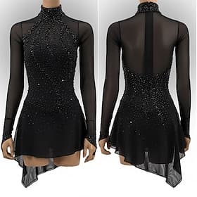 Abito da pattinaggio artistico Per donna Pattinaggio sul ghiaccio Vestito Nero Patchwork Orlo asimmetrico Elasticizzato Allenamento Competizione Vestiti da pat