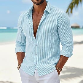 Homme Chemise Chemise Décontractée Chemise en crépon Chemise Boutonnée Blanche Rose Claire Bleu Roi Gris Claire Bleu clair manche longue Bandes verticales Col