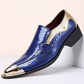 Men's Blue Statement Dress Shoes - Croc-Embossed Pointed-Toe Formal Footwear - Fashion Gentleman Shoes for Parties, Banquets, Weddings and Evening Events