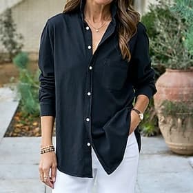 Women's Shirt Summer Shirt Casual Shirt Button Up Shirt Pocket Buttons Solid Color Plain Vacation Fashion Daily Long Sleeve Turndown Regular Tops Streetwear Be