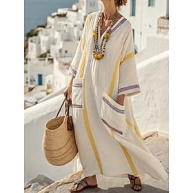 Women's Maxi Dress Linen-feel Dresses Beach Dress Casual Dress Print Dress Elegant Fashion Modern Outdoor Vacation Going out Loose Fit Geometric Long Sleeve V