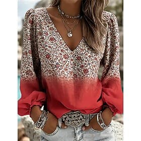 Femmes Chemise Imprimé A Ombre Fleuri Graphique Bohème Vacances ancien manche longue Manches Bouffantes Col en V Hauts Réguliers Occasionnel Quotidien Fête Ble