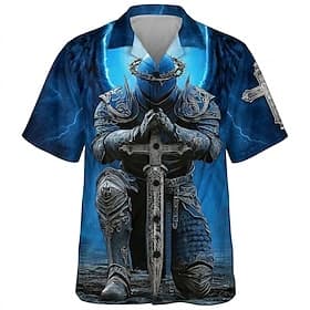 Hombre Caballeros templarios Cruzados Cruz Camisa Abotonar la camisa Camisa de campamento Manga Corta retro de la vendimia Ropa de calle Vacaciones Verano Prim