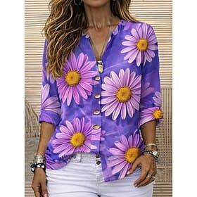 Femmes Chemise Tunique Hauts d'été Boutons Fleuri Graphique Marguerite Vacances ancien Quotidien Manche 3/4 Col en V Hauts Réguliers Quotidien Fête Sortir Bleu