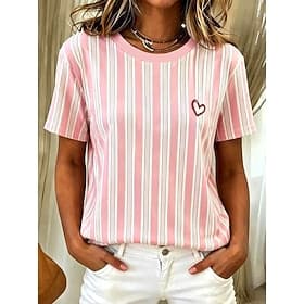 Women's T Shirt Print Striped Graphic Geometric Stylish Classic Casual Short Sleeve Crew Neck Regular Tops Casual Daily Blue Pink Purple Green Summer Spring