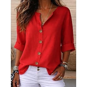Chemises en lin pour femmes, blouses boutonnées, couleur unie, manches 3/4, col en V, coupe classique, pour tous les jours, noir, blanc, rouge, orange, vert, é thumbnail 2
