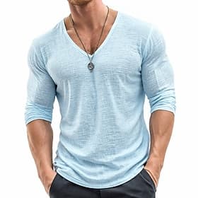 Men's Linen T-Shirt Tee Top Long Sleeve V Neck Summer Spring Spring  Summer Solid Color Plain Daily Casual Street Style Plain Outdoor Street Causal Light Blue