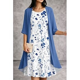 Women's Dress Set A Line Dress Elegant Vacation Floral Graphic Layered Print Midi Dress Half Sleeve Crew Neck Daily Vacation Blue Pink Green Summer Spring Regu