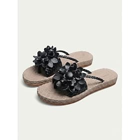 Women's Bohemian White Woven Sandals with Floral Accents – Stylish and Comfortable Summer Slip-On Sandals for Beach Vacations and Casual Wear