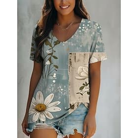 Women's T Shirt Print Floral Graphic Stylish Casual Short Sleeve V Neck Regular Tops Daily Blue Summer Spring