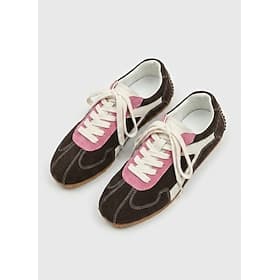 Women's Coffee Brown  Pink Suede Sneakers - Retro Color Block Trainers with Lace-Up Design for Daily Streetwear, Casual Commuting  Urban Walking