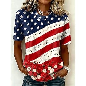 American Independence Day Women's T Shirt Print Floral Graphic Flag Stylish Classic Casual Short Sleeve Crew Neck Round Neck Regular Tops Casual Daily Blue Red
