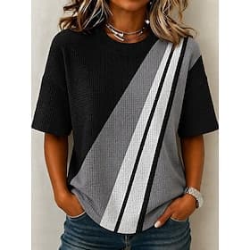 Per donna Maglietta Waffle Top a maglia con texture Maglietta Top estivi Spalla abbassata Stampato Grafico Geometrico Vintage Elegante Classico Manica Corta Gi